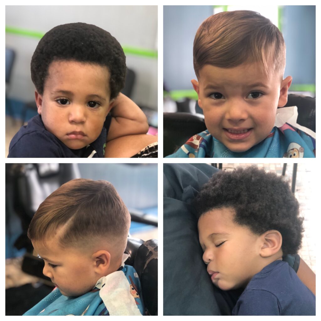 Four boys with stylish modern haircuts in a barber shop.